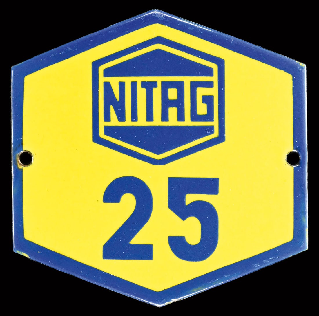 NITAG n deg. 25 | 5" PORCELAIN SIGN | SUPERB CONDITION: Porcelain sign ( Enamel sign ), garage number, convex, stenciled, GER 1930s, 12 x 12 cm | We do only sell old original pieces - no reproductions or fakes. We pack in house, most items can be shipped o