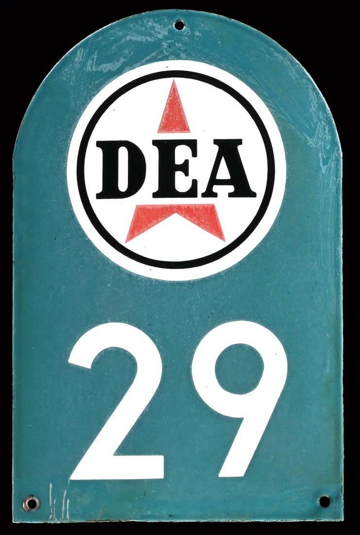 DEA n deg. 29 | 11" PORCELAIN SIGN: Porcelain sign ( Enamel sign ), garage number, convex, stenciled, GER around 1950, 18 x 28 cm, light traces of weathering | We do only sell old original pieces - no reproductions or fakes. We pack in 