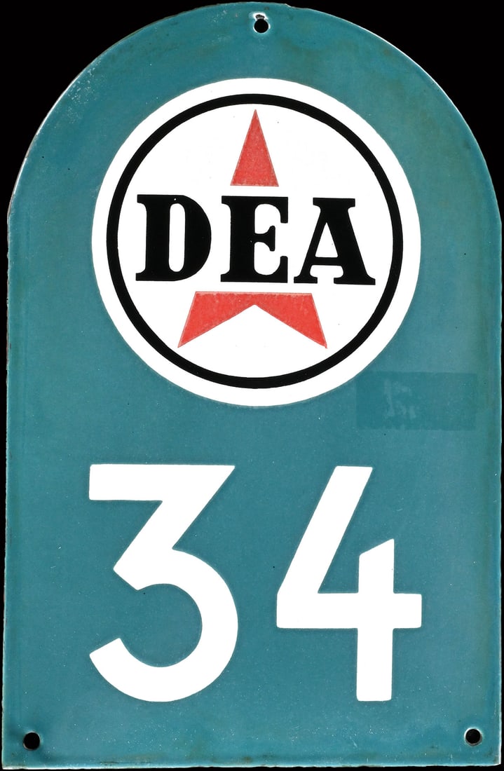 DEA n deg. 34 | 11" PORCELAIN SIGN: Porcelain sign ( Enamel sign ), garage number, convex, stenciled, GER around 1950, 18 x 28 cm, light traces of weathering, rarely found so well preserved | We do only sell old original pieces - no rep
