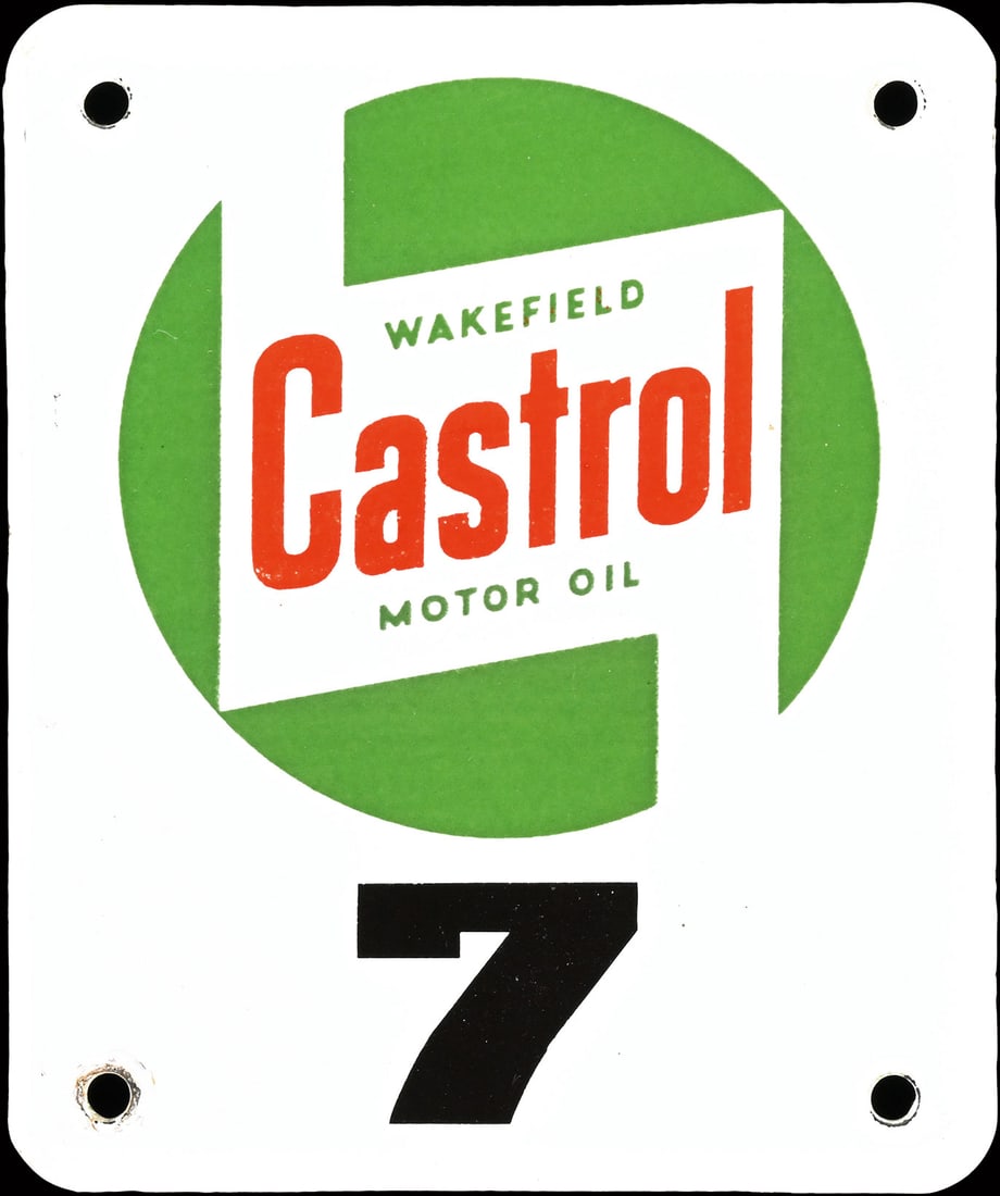 CASTROL WAKEFIELD MOTOR OIL n deg. 7 | 5" PORCELAIN SIGN | SUPERB CONDITION: Porcelain sign ( Enamel sign ), garage number, stenciled, around 1960, 10 x 12 cm, very rare | We do only sell old original pieces - no reproductions or fakes. We pack in house, most items can be ship