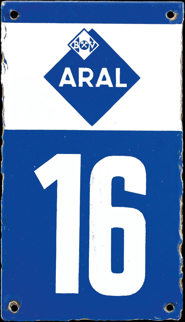 ARAL n deg. 16 | 8" PORCELAIN SIGN: Porcelain sign ( Enamel sign ), garage number, stenciled, GER around 1960, 12 x 21 cm, light traces of aging on the borders | We do only sell old original pieces - no reproductions or fakes. We pack i