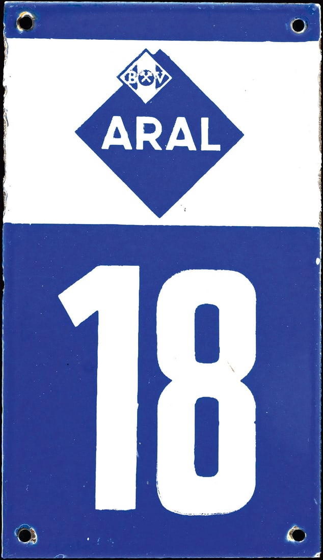 ARAL n deg. 18 | 8" PORCELAIN SIGN: Porcelain sign ( Enamel sign ), garage number, stenciled, GER around 1960, 13 x 21 cm | We do only sell old original pieces - no reproductions or fakes. We pack in house, most items can be shipped ove