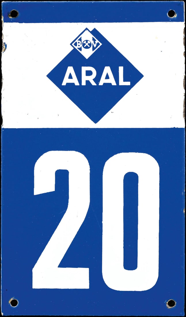 ARAL n deg. 20 | 8" PORCELAIN SIGN: Porcelain sign ( Enamel sign ), garage number, stenciled, GER around 1960, 14 x 21 cm | We do only sell old original pieces - no reproductions or fakes. We pack in house, most items can be shipped ove
