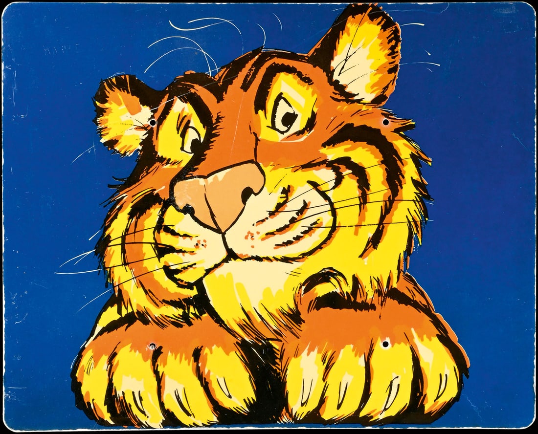 ESSO TIGER | 20" ADVERTISING SIGN: Tin sign, plastic, around 1960, 50 x 40 cm , an Esso Tiger that wasn't known to us before | We do only sell old original pieces - no reproductions or fakes. We pack in house, most items can be shipped