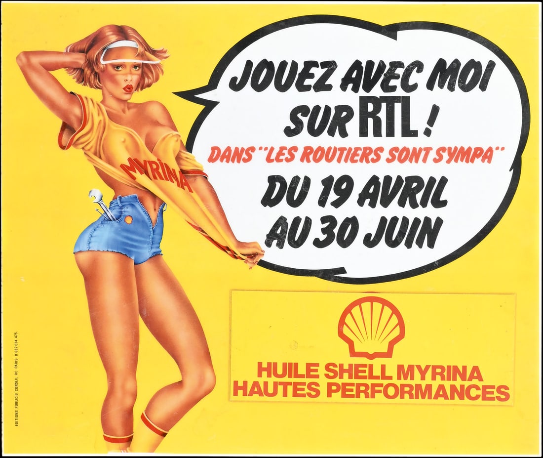 SHELL MYRINA PIN UP | 17" ADVERTISING SIGN: Advertising sign, plastic, double-sided, F 1970s, 43 x 36 cm, the "Shell-Myrina" here in rare double-sided depiction, a piece that is virtually impossible to find here | We do only sell old original p