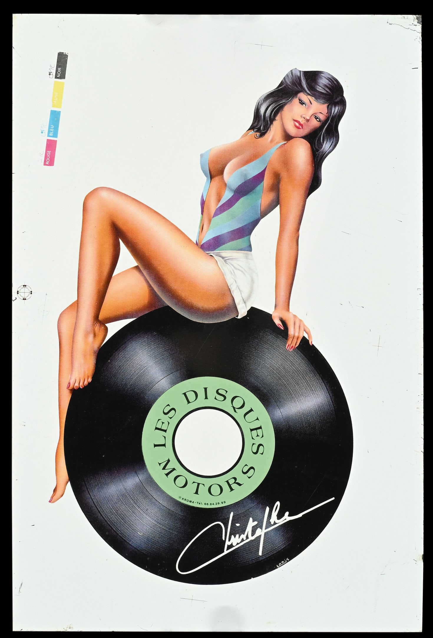 LES DISQUES MOTEUR PIN UP | 19" TIN SIGN: Tin sign with pin-up, "Record Girl," 1986, 31 x 47 cm, Kroma, signed: Loris, a blank pin-up, the lady not yet punched out | We do only sell old original pieces - no reproductions or fakes. We pack in 