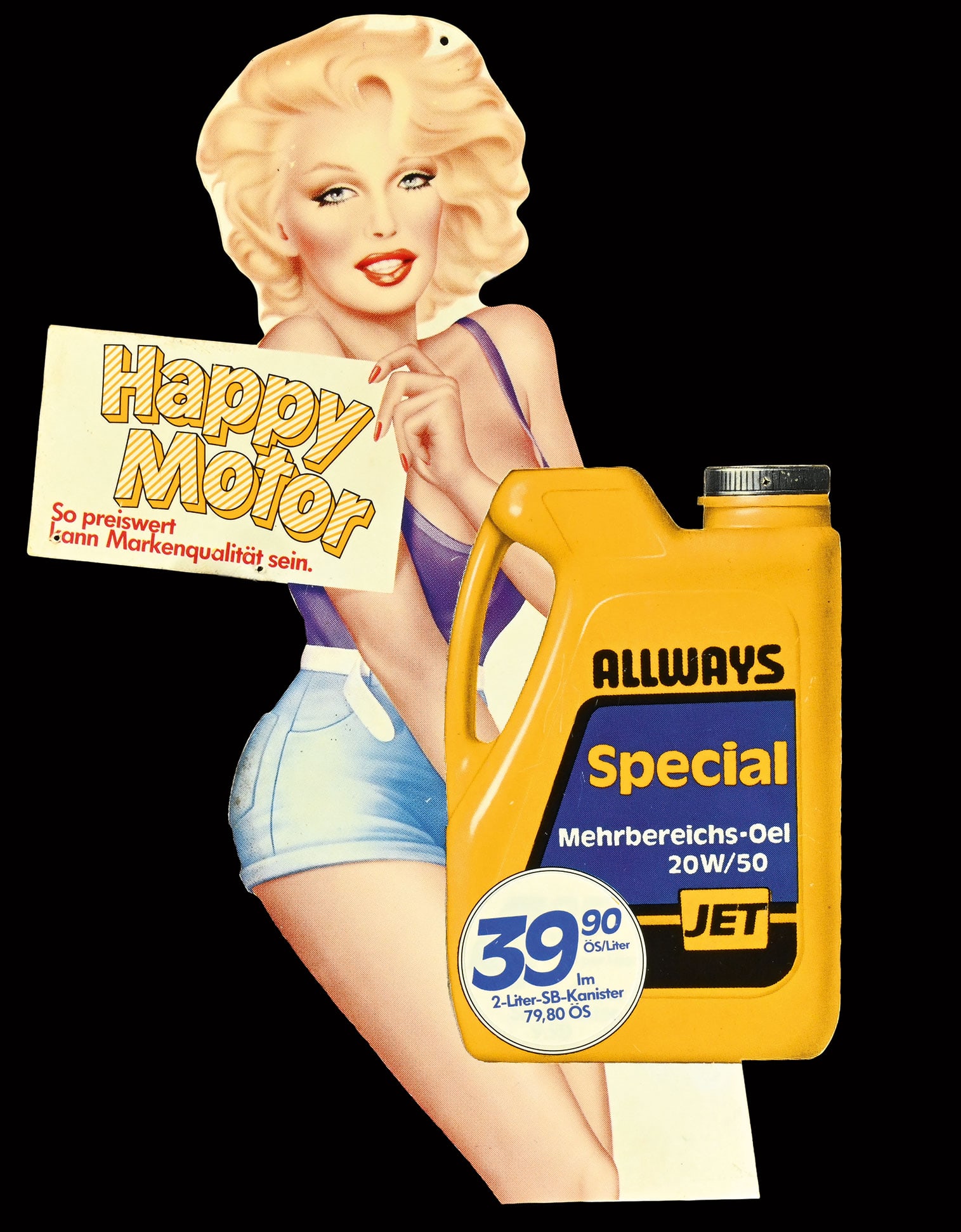 JET - HAPPY MOTOR | 17" PIN UP: Pin Up, plastic, double-sided, AT around 1990, 30 x 43 cm, not known to us in this format before | We do only sell old original pieces - no reproductions or fakes. We pack in house, most items can be 