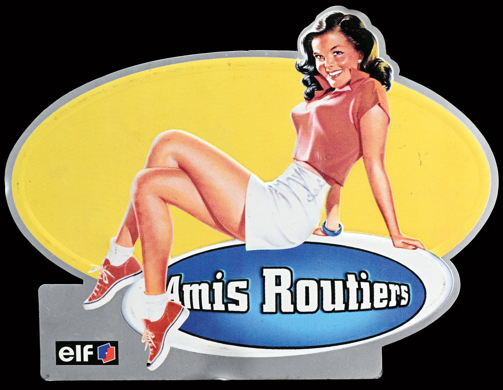 ELF - AMIS ROUTIERS | 11" PIN UP: Aluminium tin, F around 1995, 27 x 20 cm, the pin-up comes from an advertising campaign of the oil company Elf Aquitaine from 1994, very rare | We do only sell old original pieces - no reproductions o