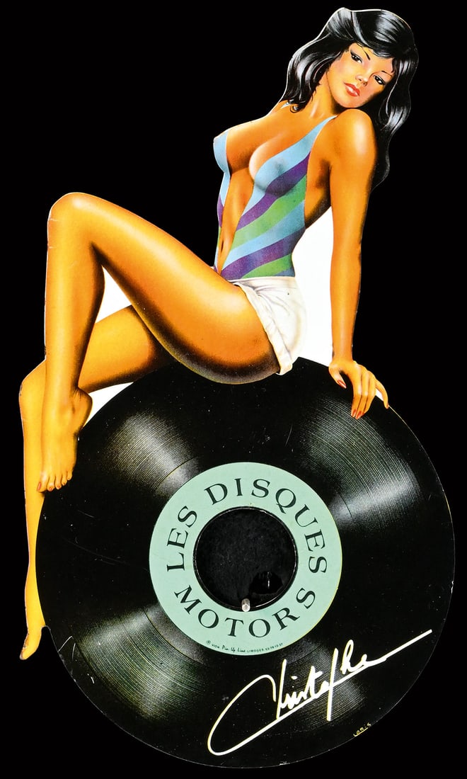 LES DISQUES MOTORS | 16" PIN UP: Record Girl, tin, F 1986, 22,5 x 40 cm, Vion Pin Up Line, Limoges, signed: Loris, probably the piece with the most intense colors we have so far been able to offer | We do only sell old original piece