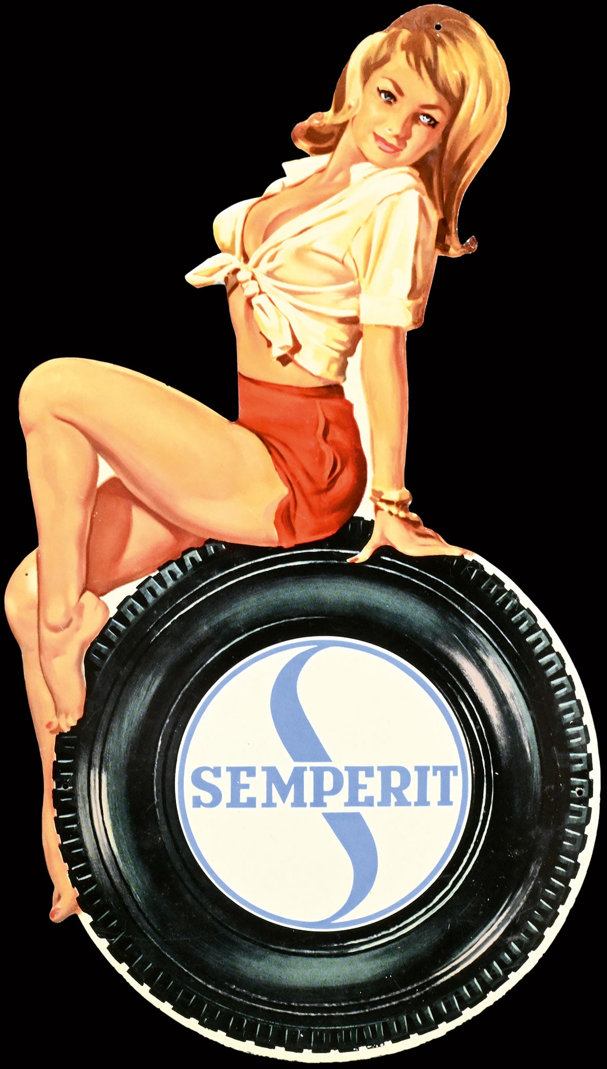 SEMPERIT | 14" PIN UP | SUPERB CONDITION: Tin, SWE 1960s, 20 x 35 cm, the condition is a dream | We do only sell old original pieces - no reproductions or fakes. We pack in house, most items can be shipped overseas. Wooden crates are availabl