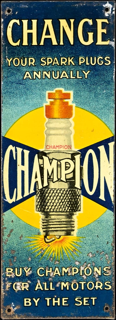 CHAMPION | RARE 7" DOOR PUSH SIGN: Door sign, tin, lithographed, 1930s, 6 x 17 cm, light traces of aging, very beautiful gloss, rare | We do only sell old original pieces - no reproductions or fakes. We pack in house, most items can be