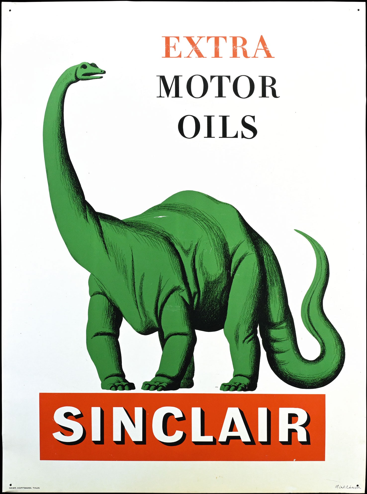 SINCLAIR EXTRA MOTOR OILS | SUPER RARE 30" TIN SIGN | SUPERB CONDITION: Tin sign, CH/USA around 1940, 56 x 76 cm, Gebr. Hoffmann, Thun, signed: Birkhauser, an early depiction of the Sinclair Dinosaur that became famous during time and is still one of the most iconic adver