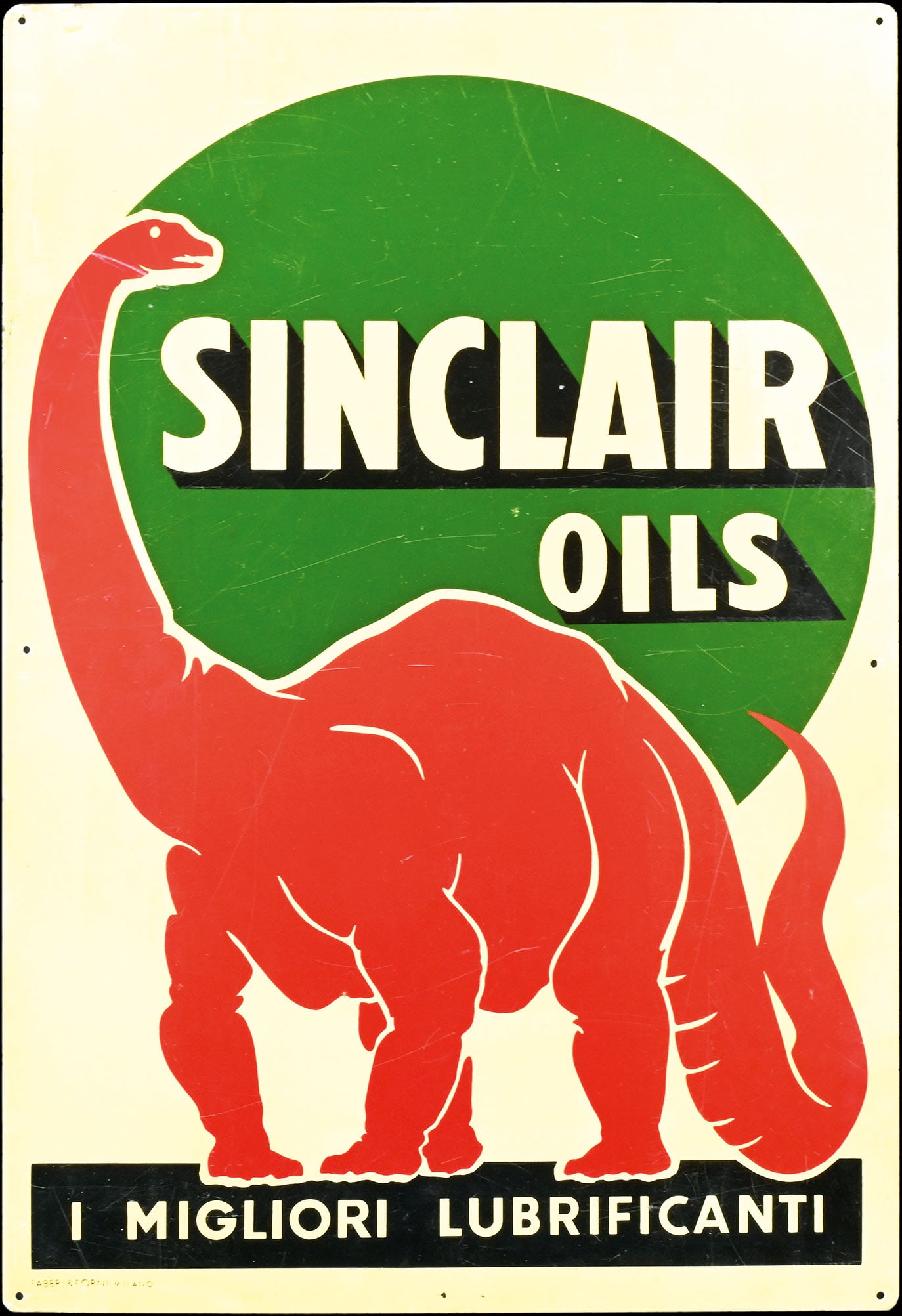 SINCLAIR OILS | 30" TIN SIGN | VERY NICE CONDITION: Tin sign, IT around 1950, 50 x 75 cm, Fabbri & Forni, Milano, the dinosaur as emblem for the mineral oil product from Sinclair, here in wonderful version, light traces of aging, one of the best pieces