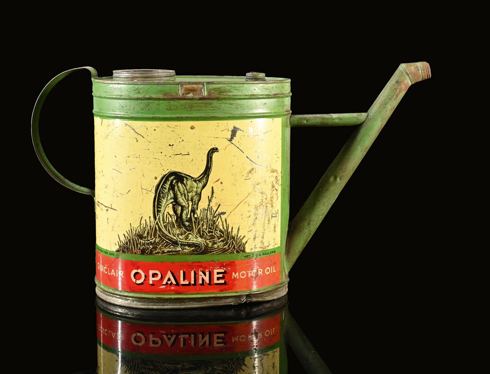 SINCLAIR OPALINE MOTOR OIL | 15" CAN: Watering can for motor oil, tin, lithographed image side with iconic dinosaur emblem, filling capacity 5 l, U.S. gallons, IT around 1930, H 37 cm, extremely rare can that stood at gas stations | We do