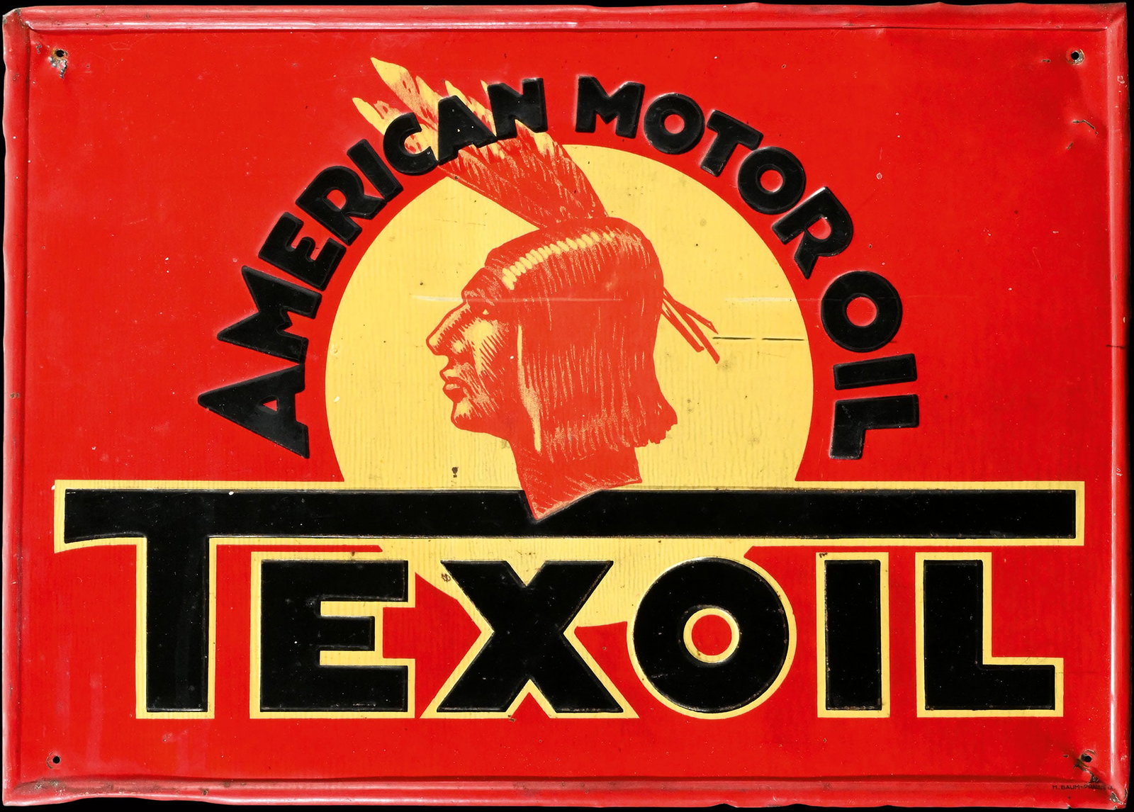TEXOIL AMERICAN MOTOR OIL | 20" TIN SIGN: Tin sign, the letters embossed, CZ/USA around 1930, 52 x 37 cm, M. Baum - Prague, a rarity that lets our hearts beat faster every time, rarely you find such beautiful images of chieftains, especially 