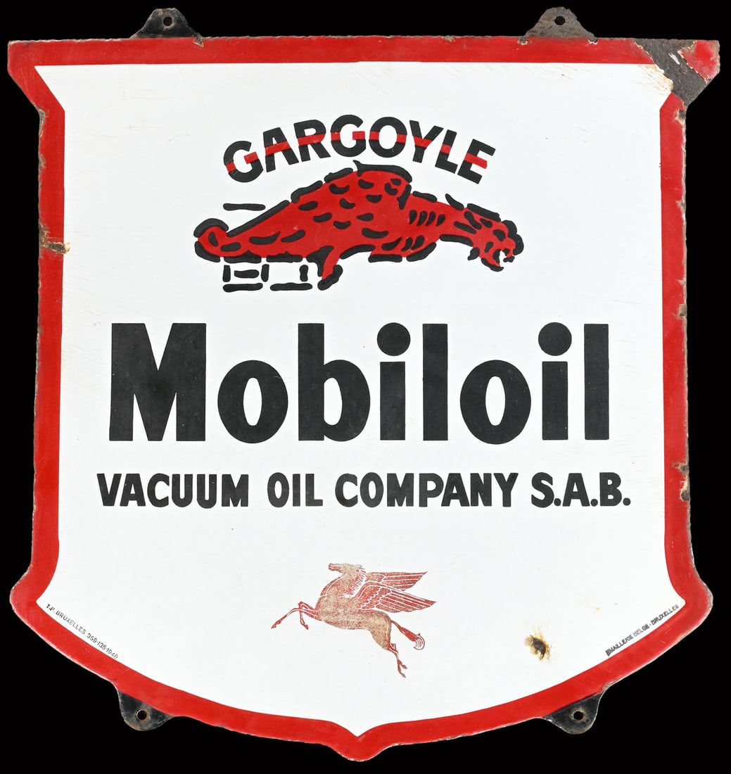 GARGOYLE MOBILOIL VACUUM OIL COMPANY | 20" PORCELAIN SIGN | WITH PEGASUS AND GARGOYLE: Porcelain sign ( Enamel sign ), stenciled and lithographed, BE 1948, 51 x 48 cm, Emaillerie Belge - Bruxelles, rare and early small version for the Mobiloil shield, still with Pegasus and Gargoyle, be