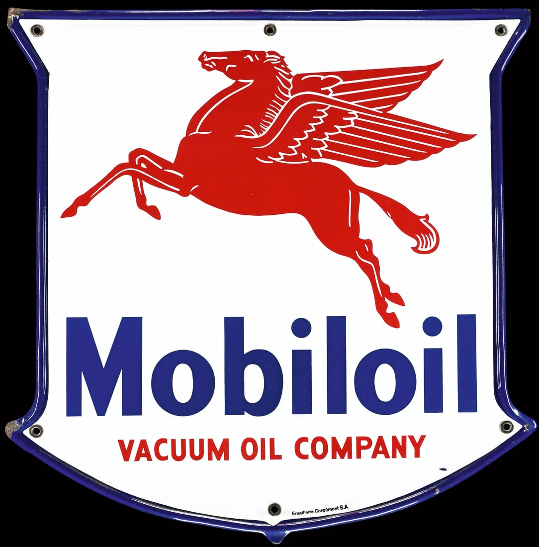MOBILOIL VACUUM OIL COMPANY | 20" PORCELAIN SIGN | RARE SWISS VERSION: Porcelain sign ( Enamel sign ), stenciled, around 1950, 50 x 50 cm, Emaillerie Corgemont S.A. | We do only sell old original pieces - no reproductions or fakes. We pack in house, most items can be shi