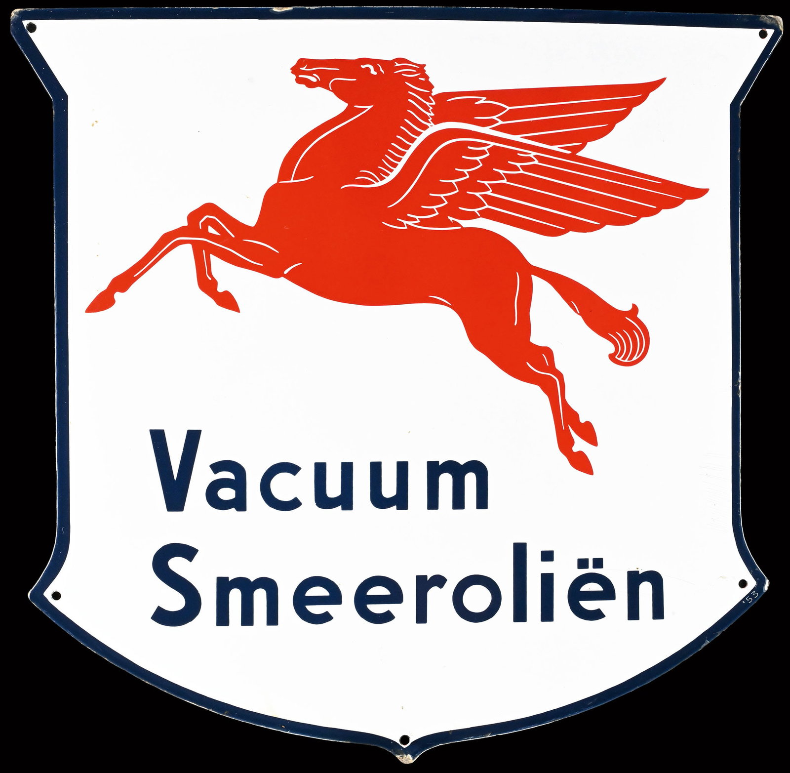 MOBILOIL VACUUM SMEEROLIEN | 19" PORCELAIN SIGN | SUPER RARE DUTCH VERSION: Porcelain sign ( Enamel sign ), stenciled, NL 1953, 48 x 48 cm, rare | We do only sell old original pieces - no reproductions or fakes. We pack in house, most items can be shipped overseas. Wooden cra