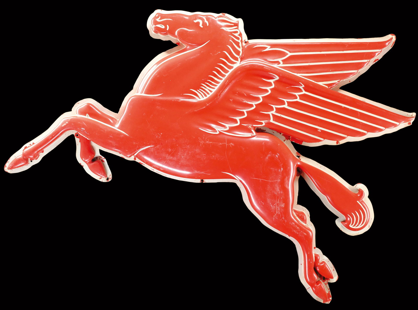 MOBILOIL | 49" PEGASUS LOGO SIGN | GLASS FIBER: Advertising sign, glass fiber, embossed in relief, DK around 1950, 125 x 97 cm, a "cookie-cutter" Pegasus with history: As well as the enameled Mobil lettering, this piece comes from a Danish gas stat