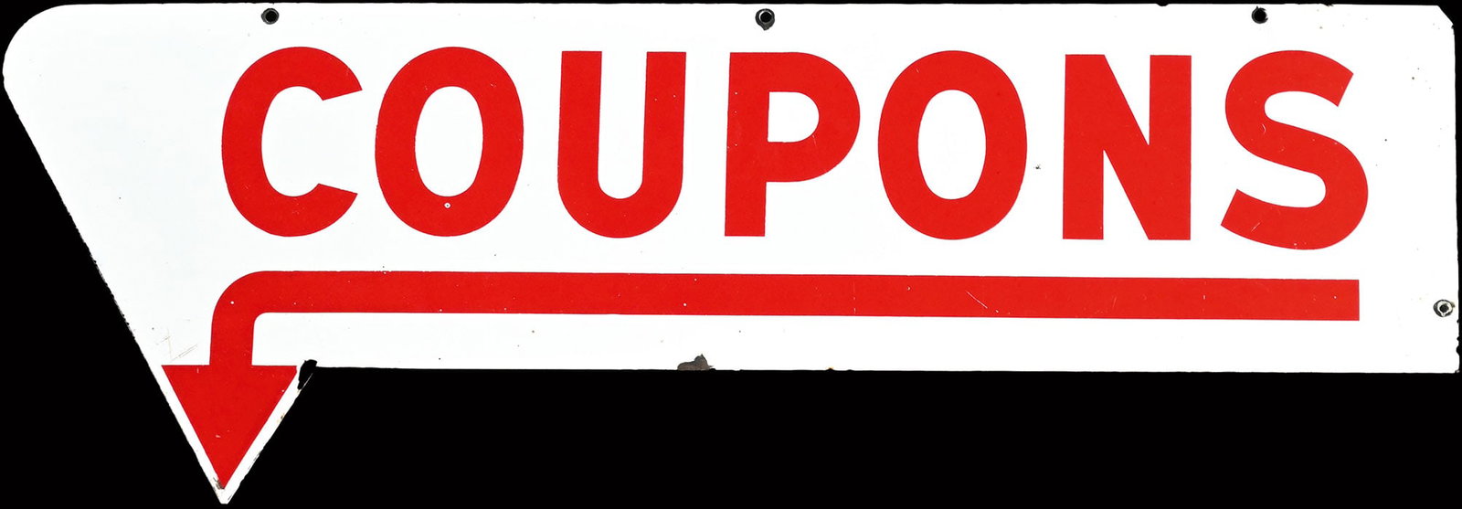 COUPONS | 29" PORCELAIN SIGN | DOUBLE SIDED HANGER: Porcelain sign ( Enamel sign ) as double-sided hanger, stenciled, around 1950, 74 x 26 cm | We do only sell old original pieces - no reproductions or fakes. We pack in house, most items can be shipped
