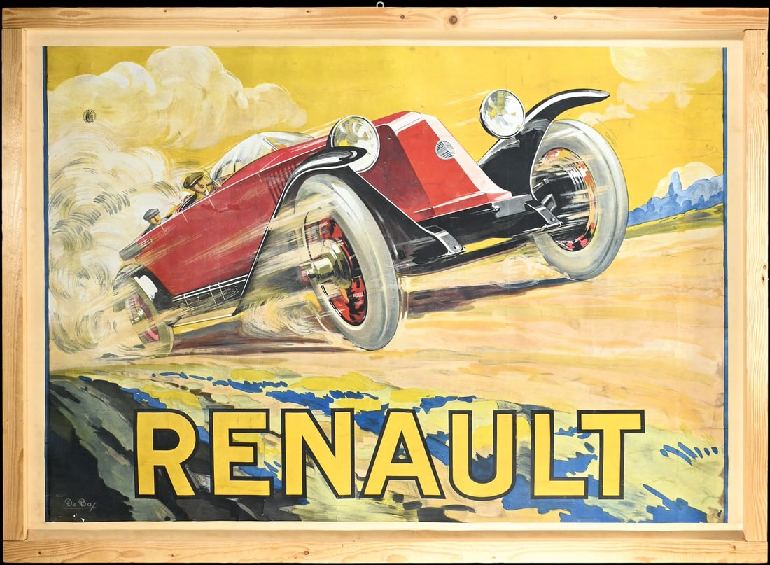 RENAULT | 62" POSTER: POSTER, lithograph, mounted between a wooden frame and a wooden backing board, F early 1920s, 157 x 114 cm, frame measurements: 166 x 119 cm, signed: de Bas (Rene de Bas), a French artist and illustra