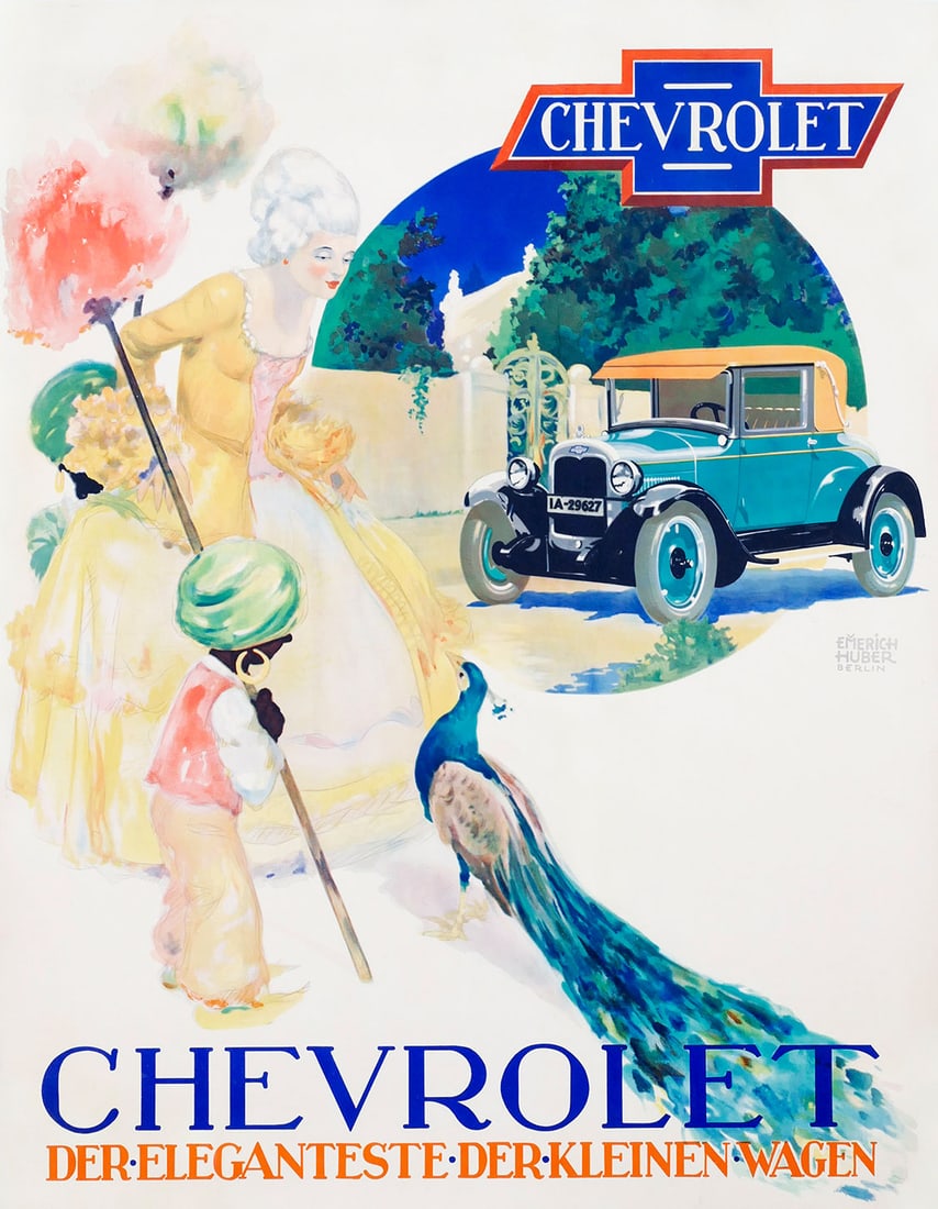 CHEVROLET - CAPITOL COUPE | 47" POSTER: POSTER, lithographed, backed on linen, GER around 1927, 93,5 x 120 cm, signed: Emmerich Huber, Berlin (1903-1979). Here, the small car is portrayed less as a technical object and more as a sophisticat