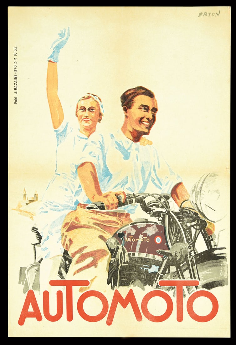 AUTOMOTO | 23" POSTER: POSTER, lithographed, on linen, F 193340,5 x 59,5 cm, signed: Erton, print: Publ. J. Bazaine, very good colors, an old folding mark in the middle is still visible | *(linen measurements: 44,5 x 64 cm)