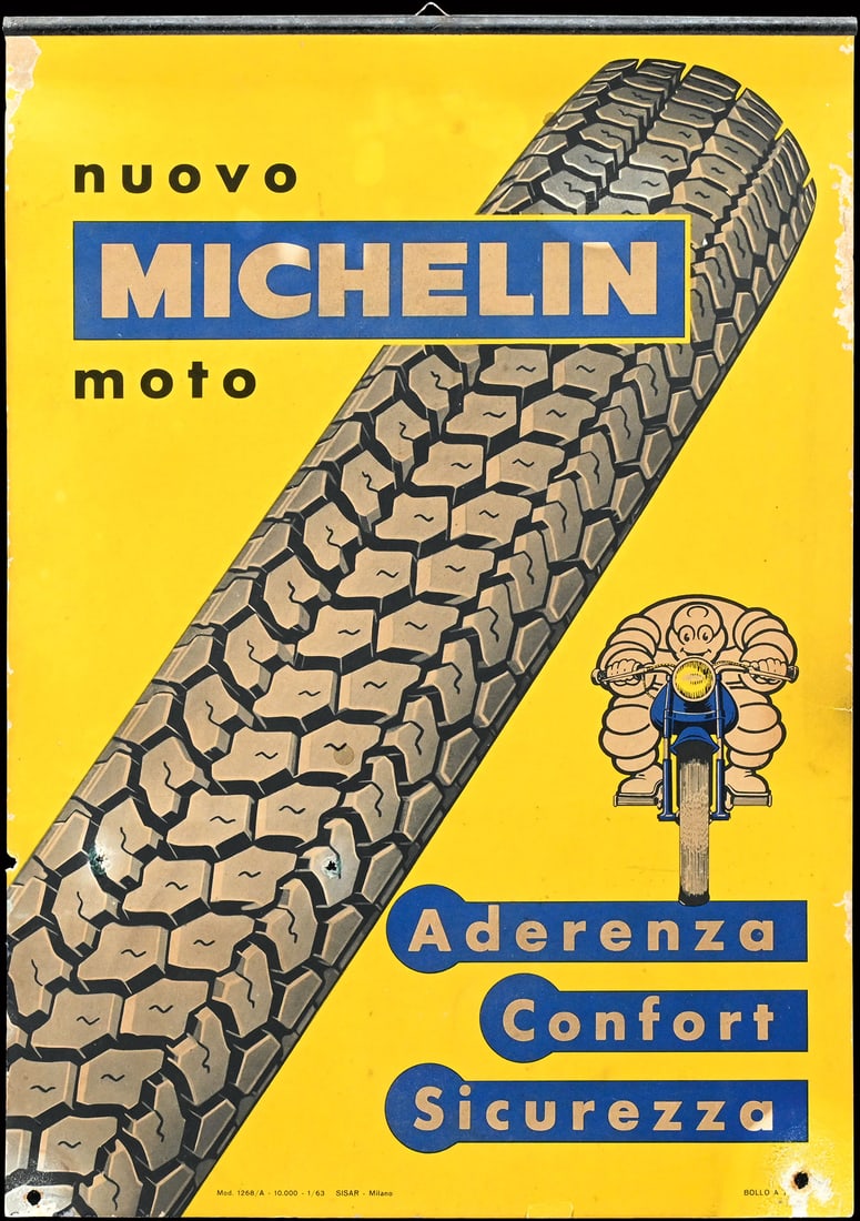MICHELIN MOTO | 19" CARDBOARD SIGN: Advertising cardboard, offset print, IT around 1960, 34 x 48 cm, very rare | We do only sell old original pieces - no reproductions or fakes. We pack in house, most items can be shipped overseas. Wood