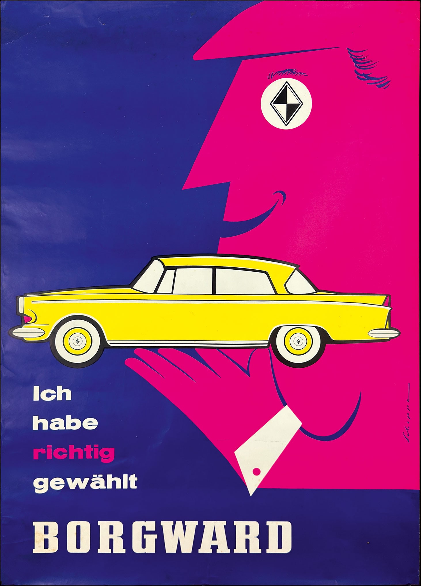 BORGWARD | 46" POSTER: POSTER, GER around 1960, 84 x 118 cm, signed: Schoppe, the upper part with backed tears | We do only sell old original pieces - no reproductions or fakes. We pack in house, most items can be shipped o