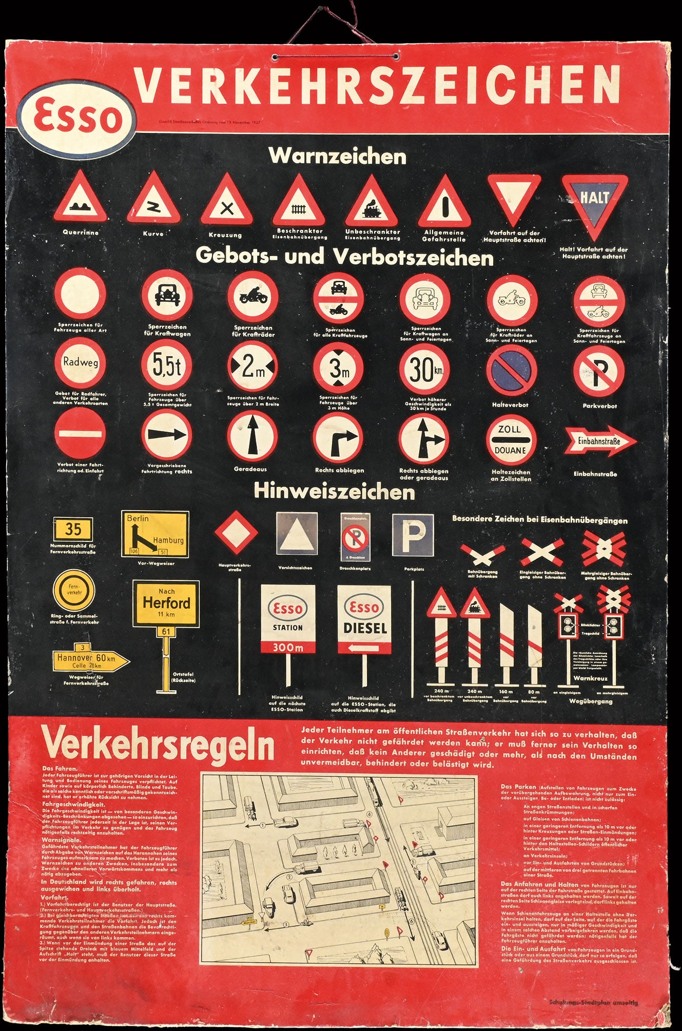 ESSO VERKEHRSSCHULUNG | 33" CARDBOARD DISPLAY: Old display board, printed on both sides, Germany, ca. 1950,66 x 85 cm, distributed at the time for Esso's traffic safety training program | We do only sell old original pieces - no reproductions or f