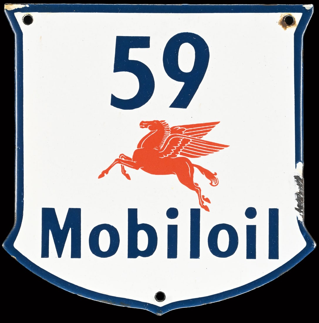 MOBILOIL n deg. 59 | 6" PORCELAIN SIGN: Porcelain sign ( Enamel sign ), garage number, convex, stenciled, around 1950, 16 x 16 cm | We do only sell old original pieces - no reproductions or fakes. We pack in house, most items can be shipped