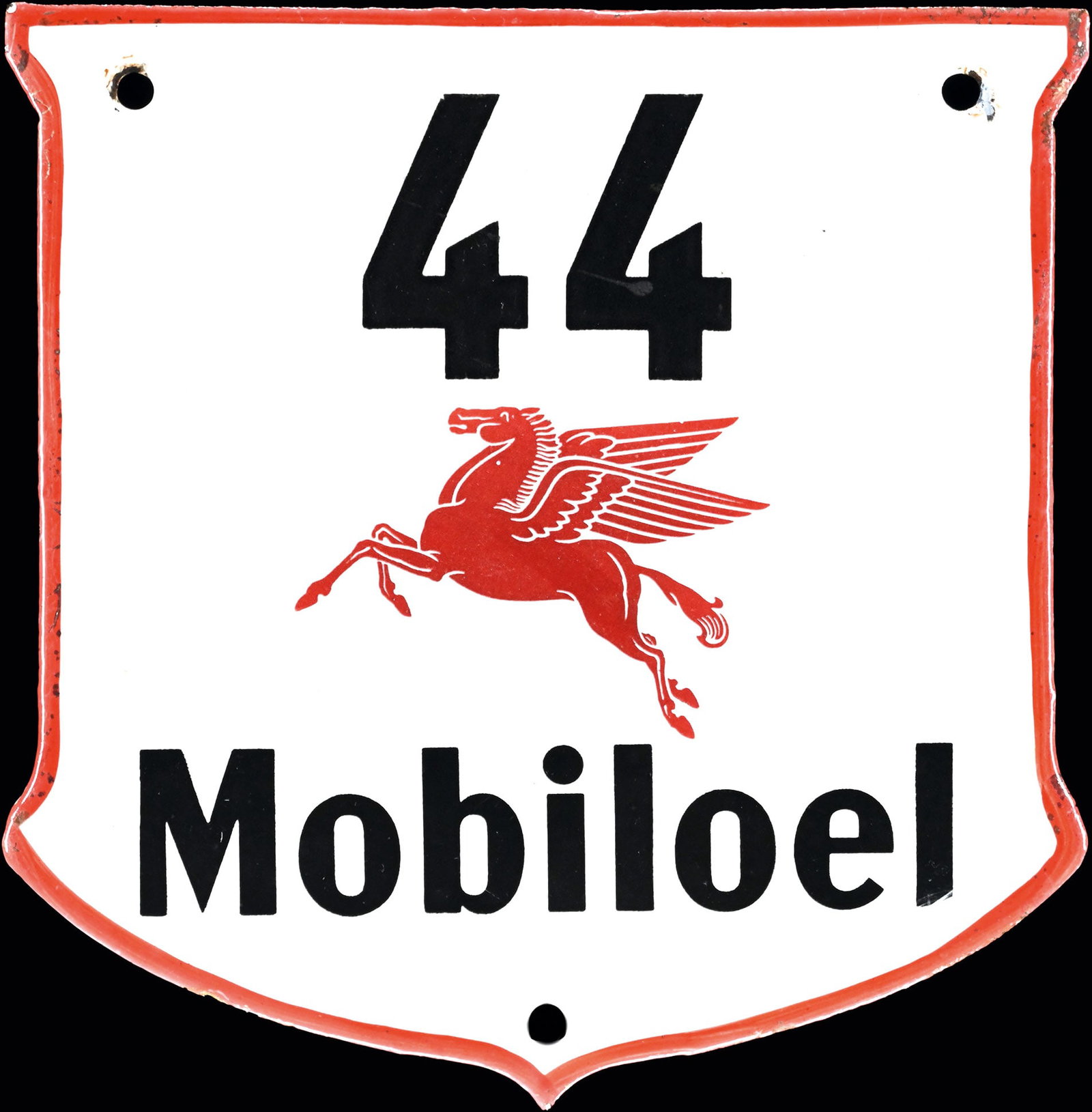 MOBILOEL n deg. 44 | 6" PORCELAIN SIGN: Porcelain sign ( Enamel sign ), garage number convex, stenciled, GER around 1950, 16 x 16 cm, probably the rarest garage number sign, with red border only few collectors have been able to hold it in t