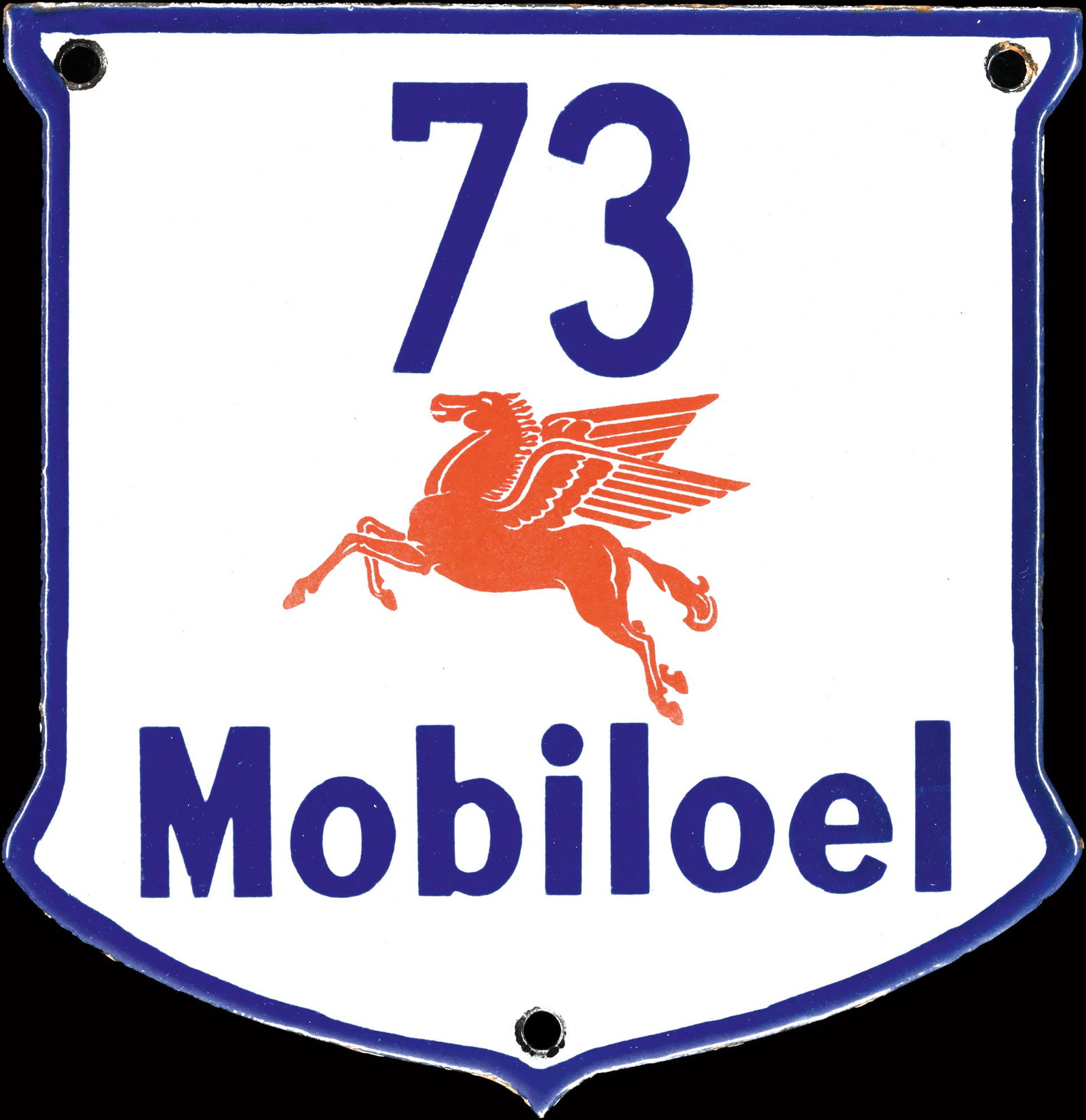 MOBILOEL n deg. 73 | 6" PORCELAIN SIGN | SUPERB CONDITION: Porcelain sign ( Enamel sign ), garage number, stenciled, around 1950, 16 x 16 cm, the back with the old mounting manual | We do only sell old original pieces - no reproductions or fakes. We pack in h