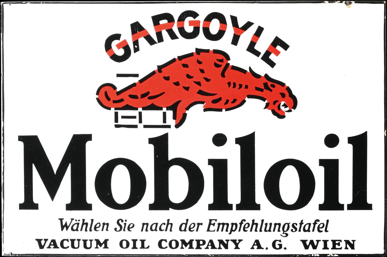 GARGOYLE MOBILOIL - WEGWEISER | 24" PORCELAIN SIGN | DOUBLE SIDED FLANGE | SUPERB CONDITION: Porcelain sign ( Enamel sign ) as double-sided flange, stenciled, Vienna/AT 1930, 60 x 40 cm, high gloss and with a surface as on day 1. At the time, people referred to the lubricant charts, which hel