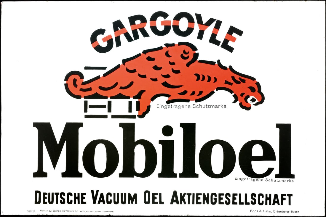 GARGOYLE MOBILOEL | 24" PORCELAIN SIGN | DOUBLE SIDED FLANGE | SUPERB CONDITION: Porcelain sign ( Enamel sign ) as double-sided flange, stenciled, GER August 1927, 60 x 40 cm, Boos & Hahn, Ortenberg-Baden, the condition could hardly be better, extremely heavy and with high gloss, 