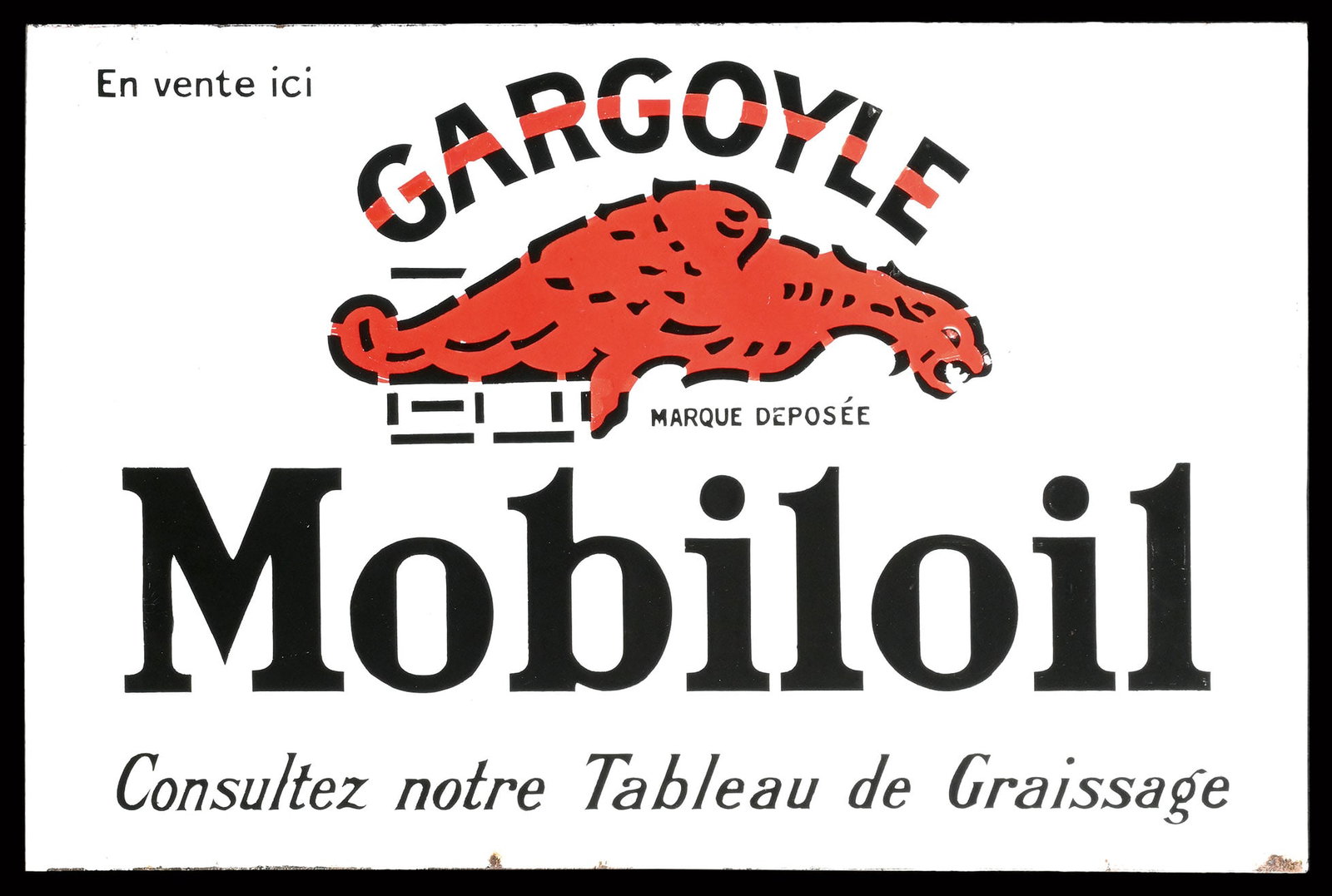GARGOYLE MOBILOIL | 24" PORCELAIN SIGN | DOUBLE SIDED FLANGE: Porcelain sign ( Enamel sign ) as double-sided flange, stenciled, F/BE 1928, 60 x 40 cm | We do only sell old original pieces - no reproductions or fakes. We pack in house, most items can be shipped o