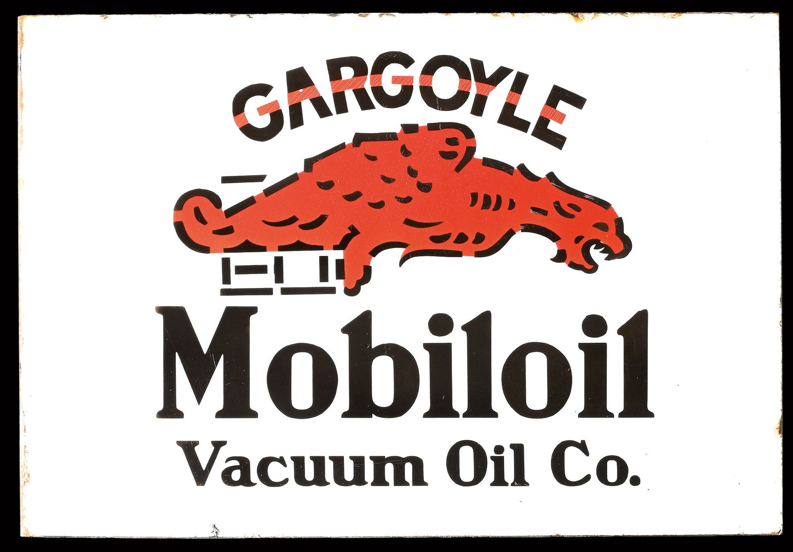 GARGOYLE MOBILOIL VACUUM OIL CO. | 20" PORCELAIN SIGN | DOUBLE SIDED FLANGE: Porcelain sign ( Enamel sign ) as double-sided flange, stenciled, around 1930, 50 x 34 cm, the medium-size version, rare | We do only sell old original pieces - no reproductions or fakes. We pack in h