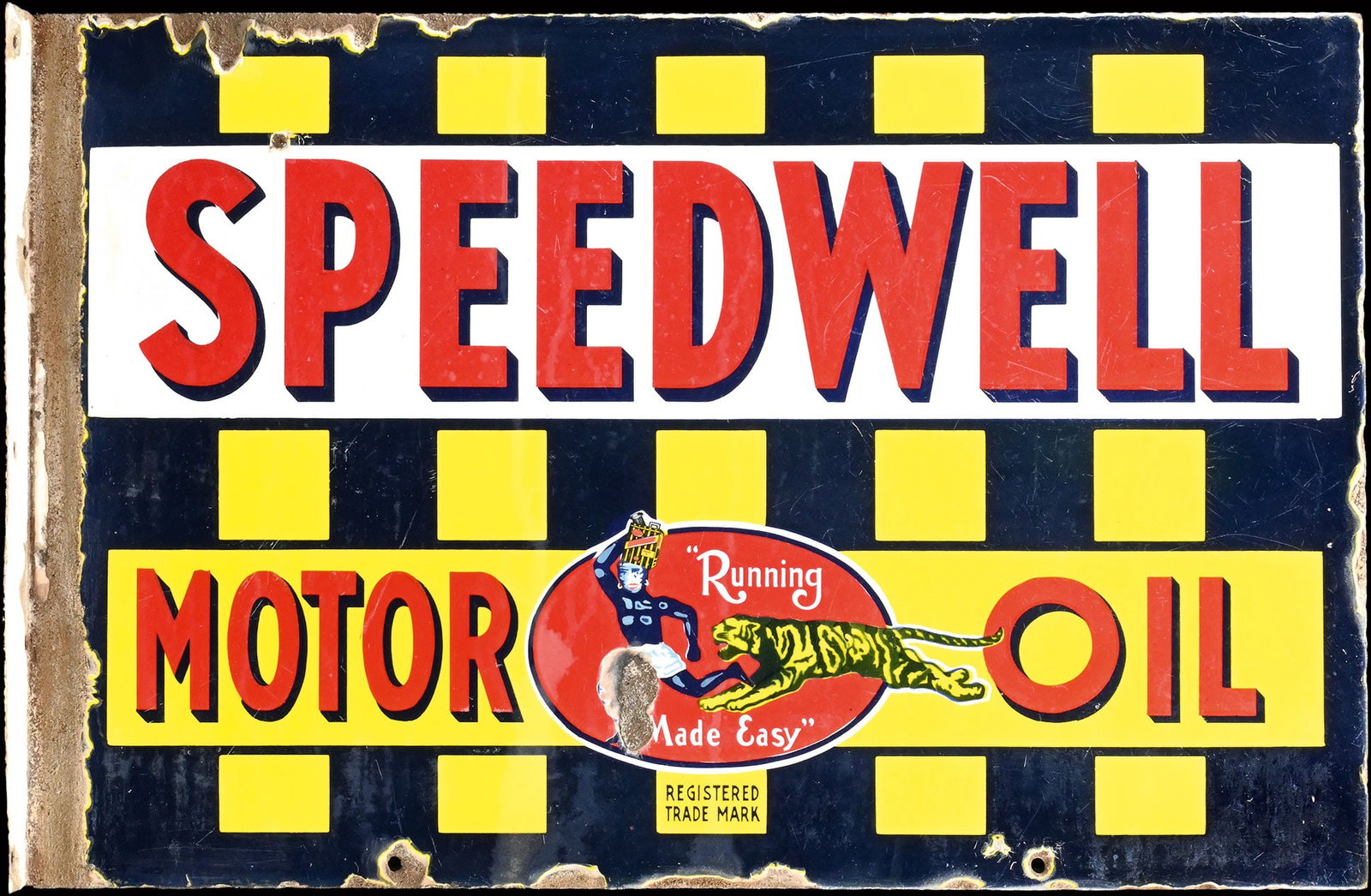 SPEEDWELL MOTOR OIL | 24" PORCELAIN SIGN | DOUBLE SIDED FLANGE: Porcelain sign ( Enamel sign ) as double-sided flange, stenciled, GB around 1930, 62 x 40 cm, minor material loss in the border area has been touched up, rare | We do only sell old original pieces - n