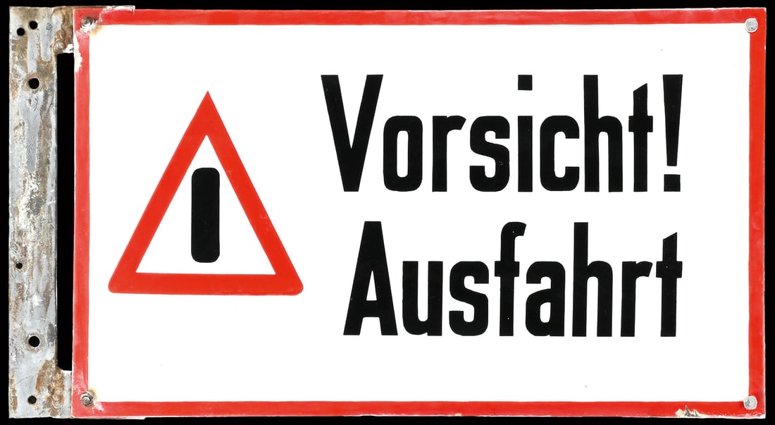 VORSICHT! AUSFAHRT | 22" PORCELAIN SIGN | DOUBLE SIDED FLANGE: Flange consisting of two convex enamel signs put together, stenciled, GER around 1930, 55 x 30 cm | We do only sell old original pieces - no reproductions or fakes. We pack in house, most items can be