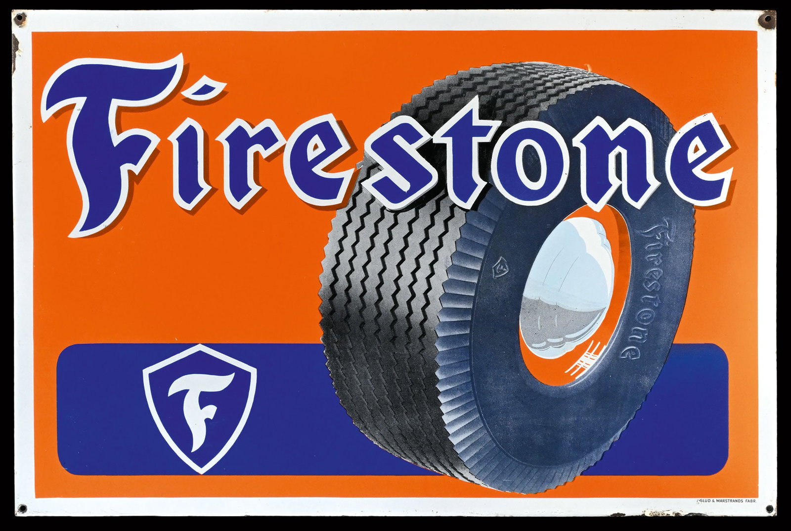 FIRESTONE | 39" PORCELAIN SIGN: Porcelain sign ( Enamel sign ), stenciled and lithographed, DK around 1950, 98 x 65 cm, A/S GLUD & MARSTRANDS FABR., very glossy surface and fresh colors, rare | *Bulky-item shipping is available | We