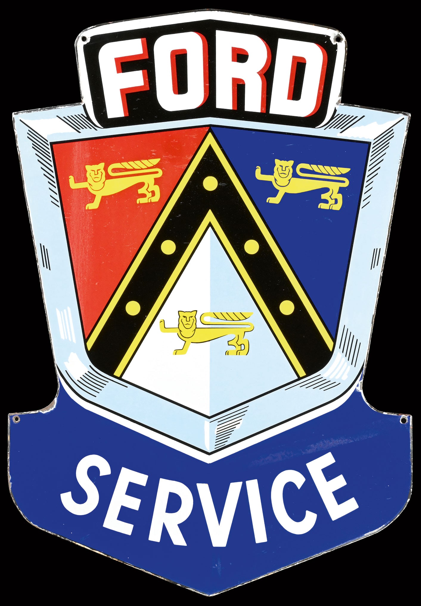 FORD SERVICE | 46" PORCELAIN SIGN | DOUBLE SIDED HANGER: Porcelain sign ( Enamel sign ) as double-sided hanger, dated 1955, 80 x 116 cm, a real eye-catcher that has captivated audiences around the globe, striking and in a big format, this sign once hung out