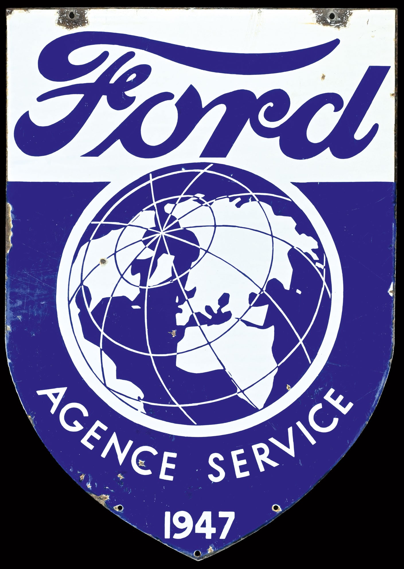 FORD AGENCE SERVICE | 33" PORCELAIN SIGN | DOUBLE SIDED FLANGE: Porcelain sign ( Enamel sign ) as double-sided flange, stenciled, dated 1947, 60 x 85 cm, very good gloss, small damages and scratches | We do only sell old original pieces - no reproductions or fakes