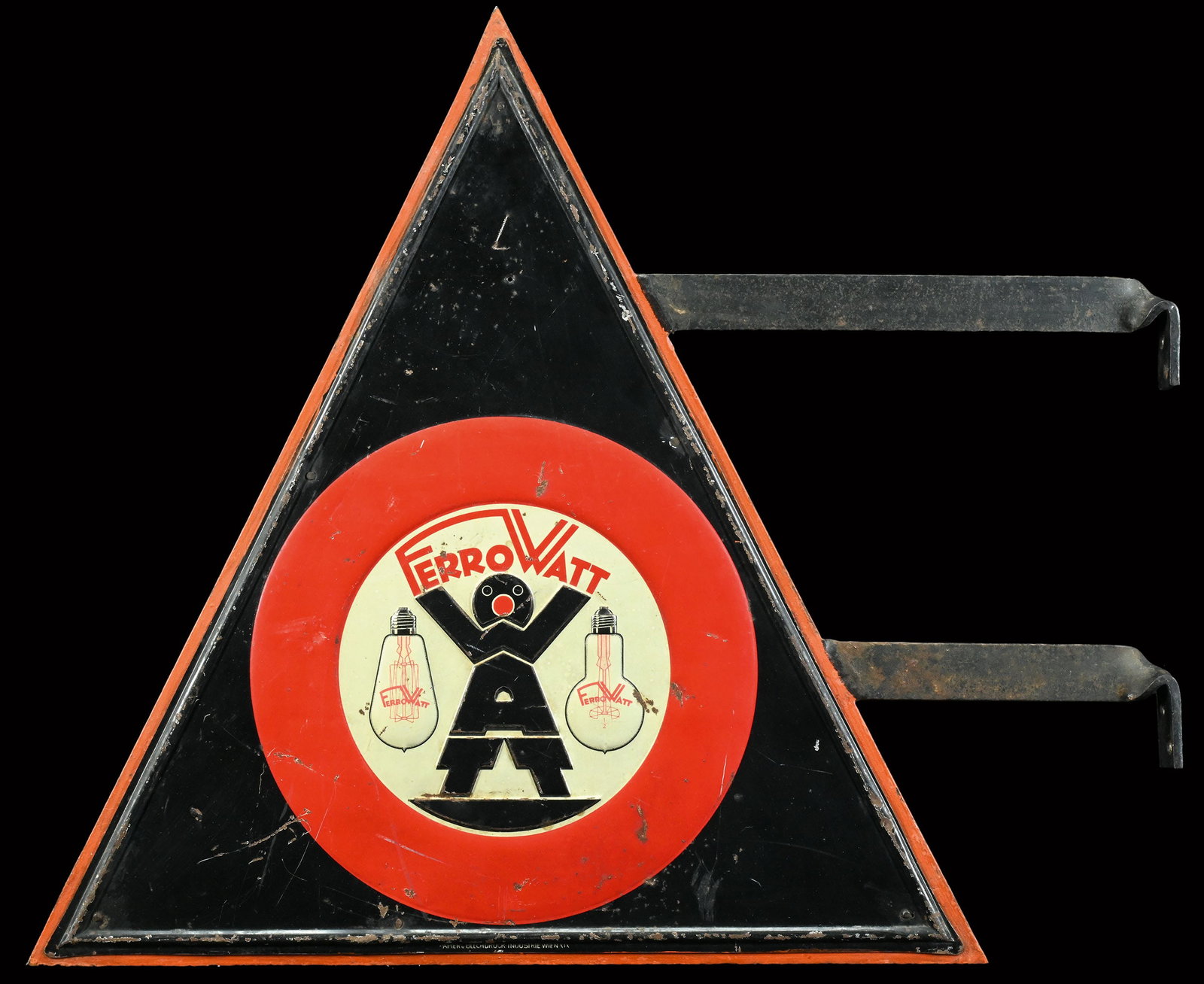 FERRO-WATT | RARE 24" TIN SIGN | DOUBLE SIDED FLANGE: Flange consisting of two Tin signs, these lithographed, AT around 1920, 60 x 50 cm, Papier- und Blechdruck-Industrie Wien, the Austrian manufacturer's bulbs were advertised in a very graphic way at th