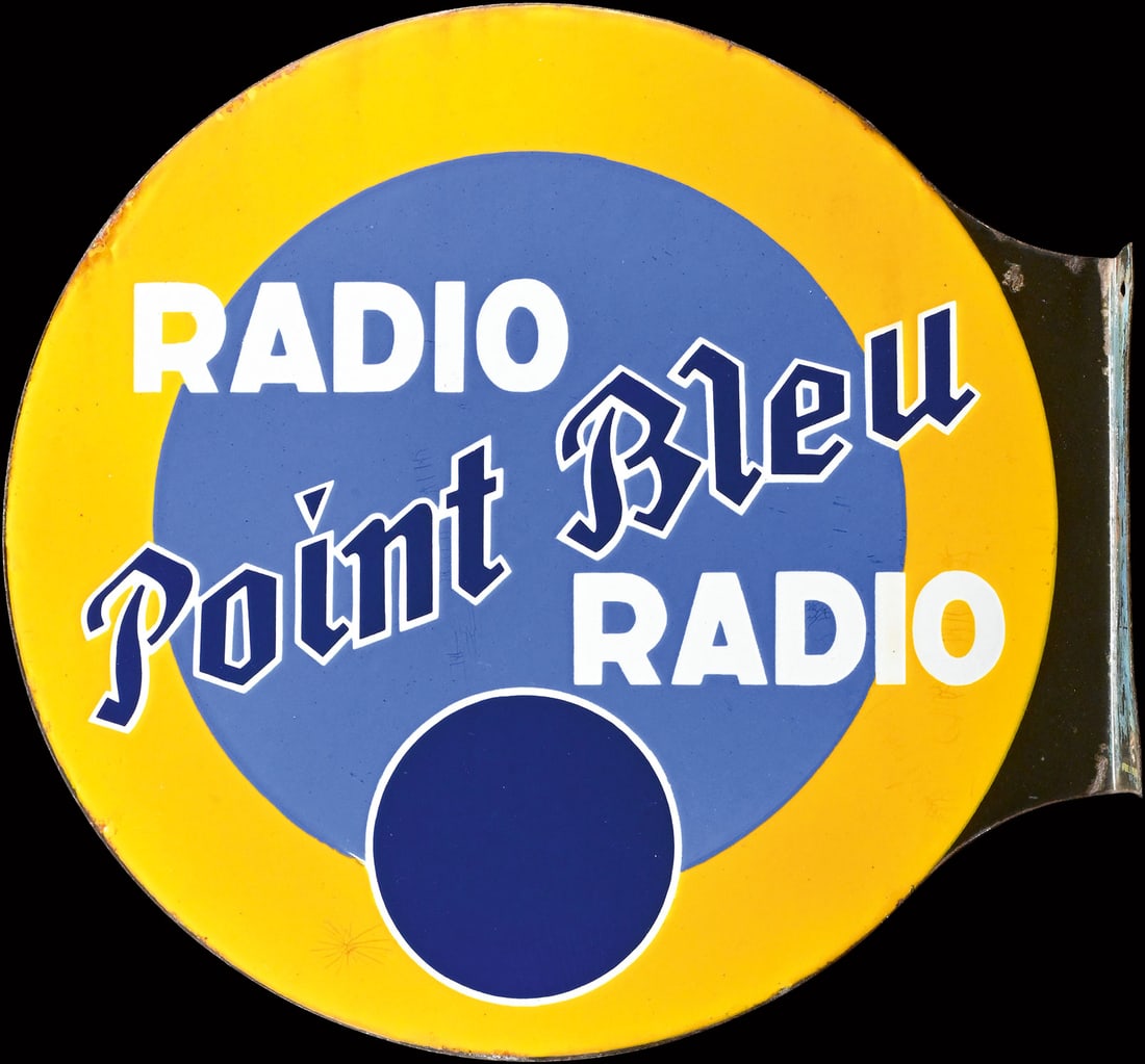 POINT BLEU RADIO | 17" PORCELAIN SIGN | DOUBLE SIDED FLANGE: Porcelain sign ( Enamel sign ) as double-sided flange, stenciled, F around 1950, 43 x 41 cm, wonderful surface, rare | We do only sell old original pieces - no reproductions or fakes. We pack in house