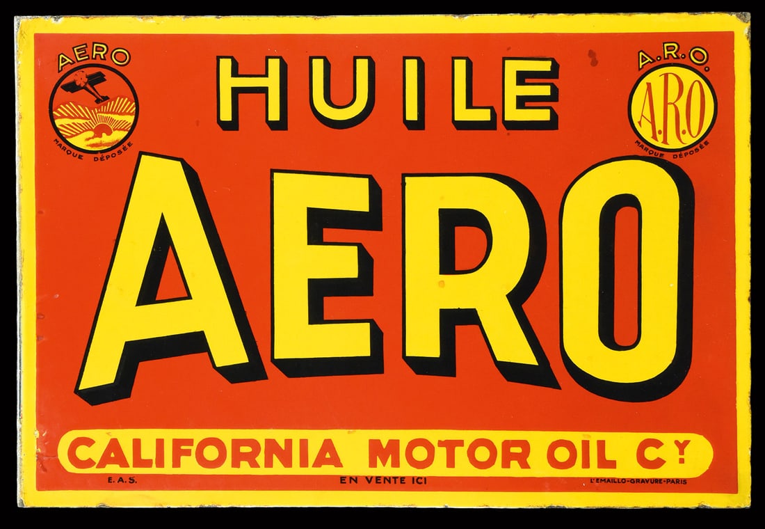 AERO - CALIFORNIA MOTOR OIL CY. | SUPERB 24" PORCELAIN SIGN | DOUBLE SIDED FLANGE: Porcelain sign ( Enamel sign ) as double-sided flange, stenciled and lithographed, F around 1930, 60 x 40 cm, Emaillerie Alsacienne Strasbourg, L'Emaillo-Gravure-Paris, emerging from the sunset, the s