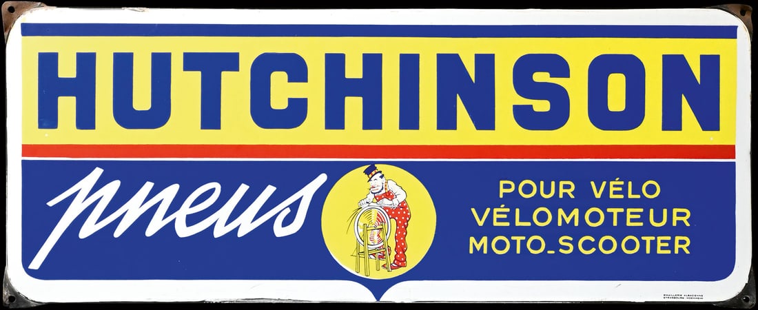 HUTCHINSON | 30" PORCELAIN SIGN: Porcelain sign ( Enamel sign ), stenciled, F 1950s, 75 x 30 cm, Emaillerie Alsacienne Strasbourg-Hoenheim, design: Michel Libeaux | We do only sell old original pieces - no reproductions or fakes. We 