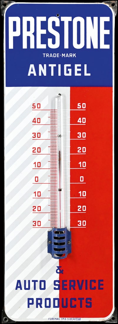PRESTONE ANTIGEL | 28" PORCELAIN SIGN WITH THERMOMETER (1 of 1)