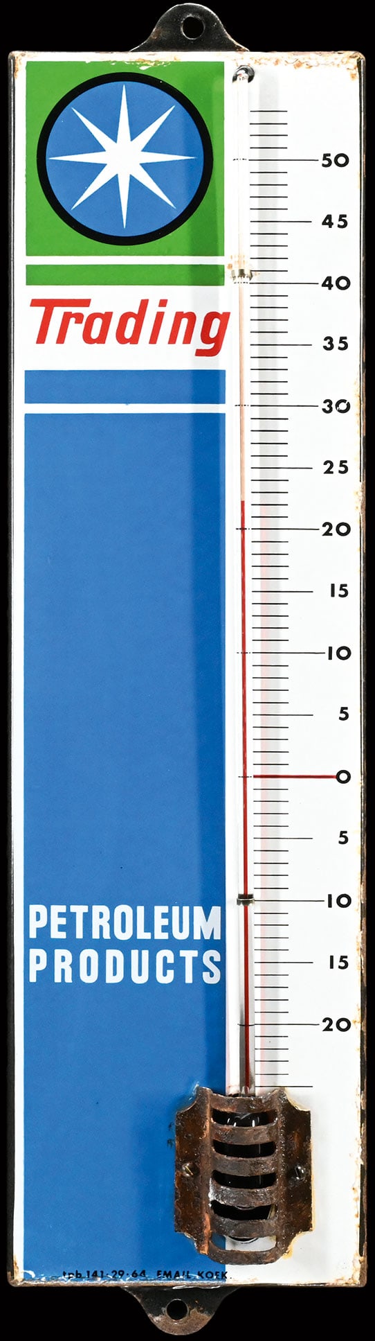 TRADING PETROLEUM PRODUCTS | 20" PORCELAIN SIGN WITH THERMOMETER: Porcelain sign ( Enamel sign ), stenciled, integrated thermometer (working), BE 1964, 14 x 50 cm, Email Koekelberg | We do only sell old original pieces - no reproductions or fakes. We pack in house, 