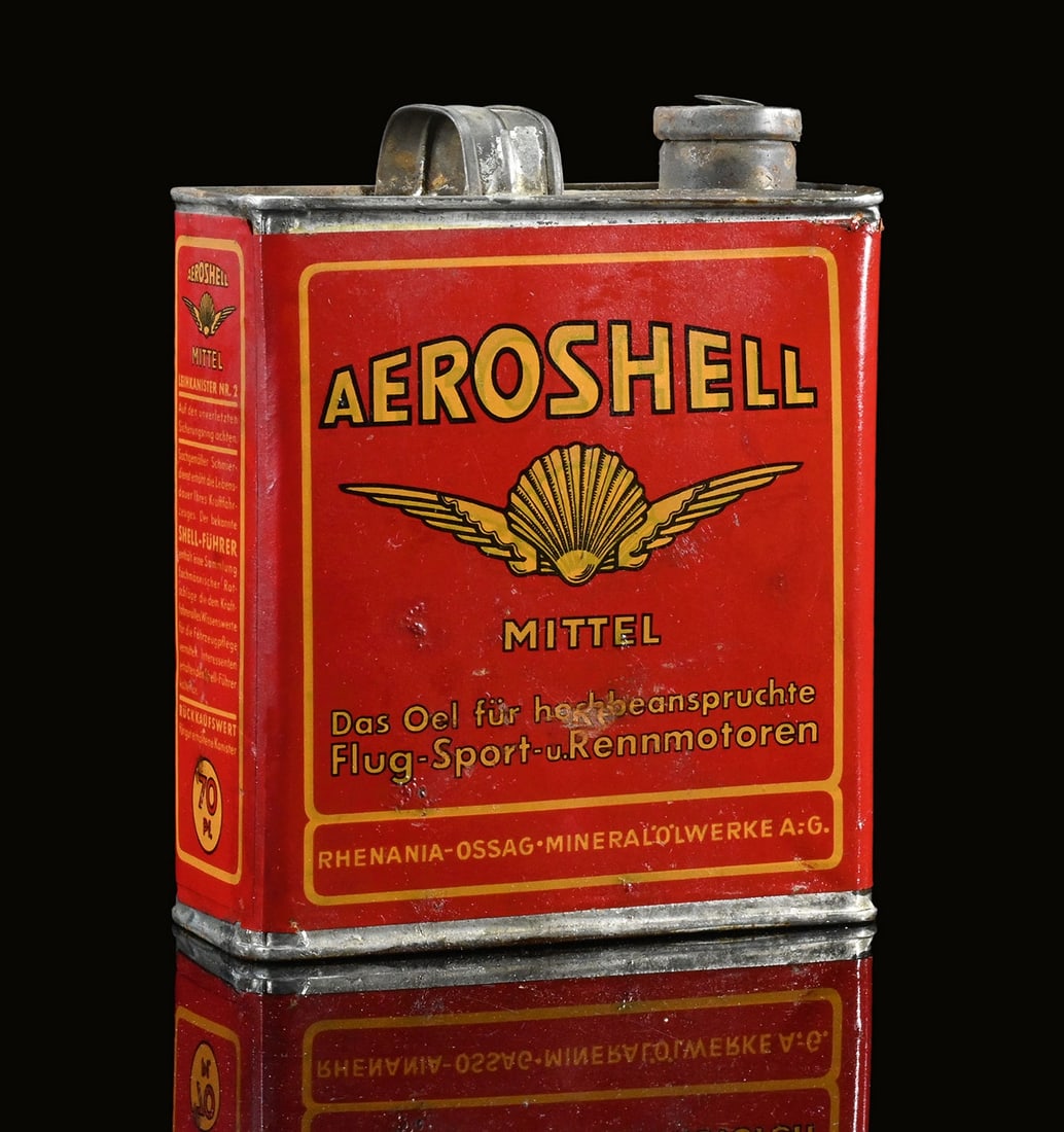 AEROSHELL MITTEL | OIL CAN | VERY NICE CONDITION: Oil can, tin, filling capacity 2 l, GER around 1930, H 21, still filled and sealed | We do only sell old original pieces - no reproductions or fakes. We pack in house, most items can be shipped overse