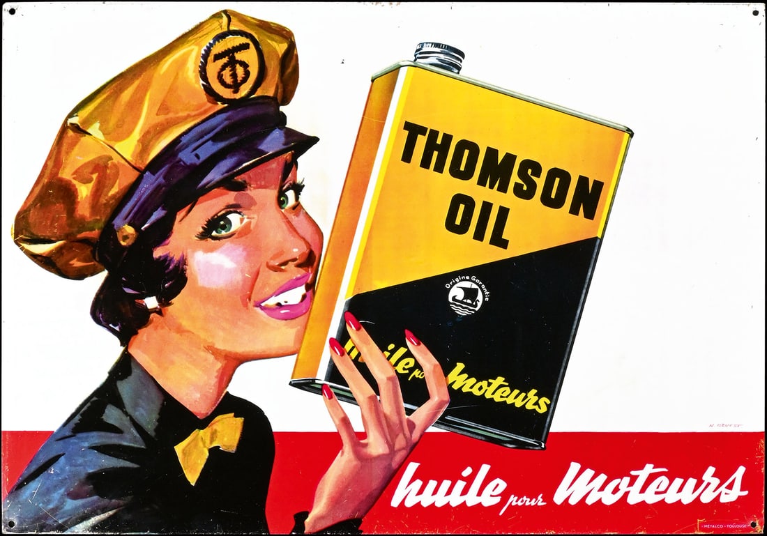 THOMSON OIL | 19" TIN SIGN: Tin sign with Pin Up depiction, F 1950s, 49 x 34 cm, Metalco, Toulouse, signed: N. Revest, almost in love the gas station attendant poses with the OIL CAN | We do only sell old original pieces - no re